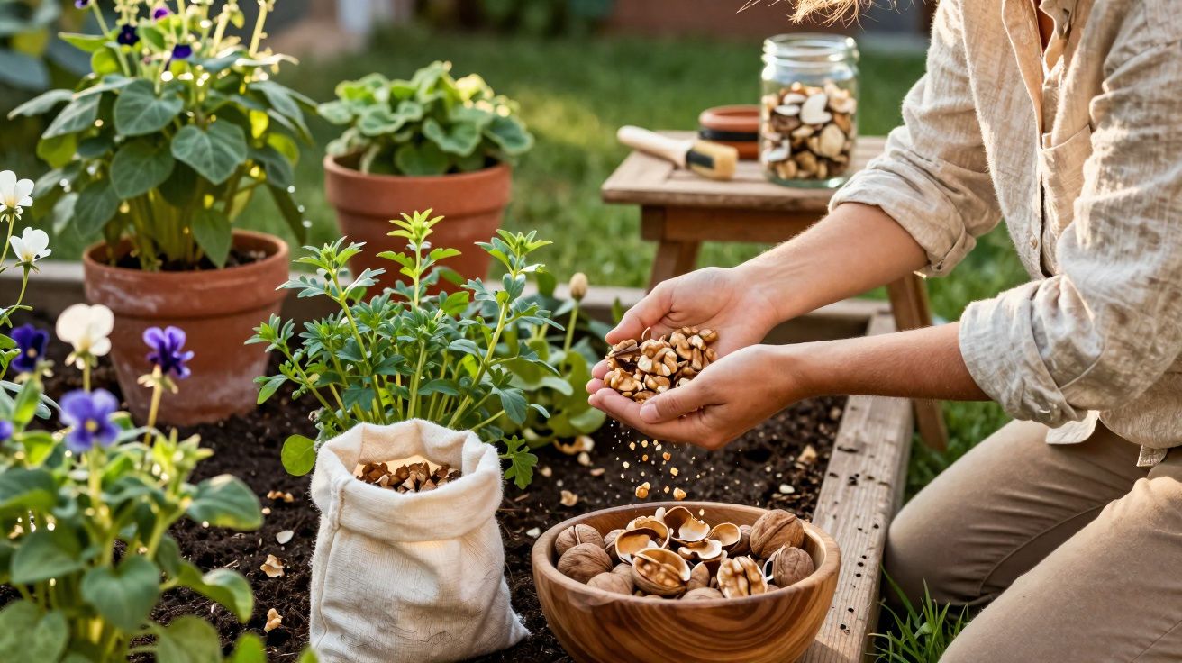 Pessoa segurando pedaços de nozes sobre jardim com plantas e tigelas de nozes descascadas e inteiras.