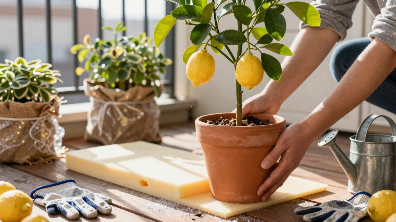 Pessoa cuidando de vaso com planta de limão em sacada ensolarada com luvas e regador ao redor.