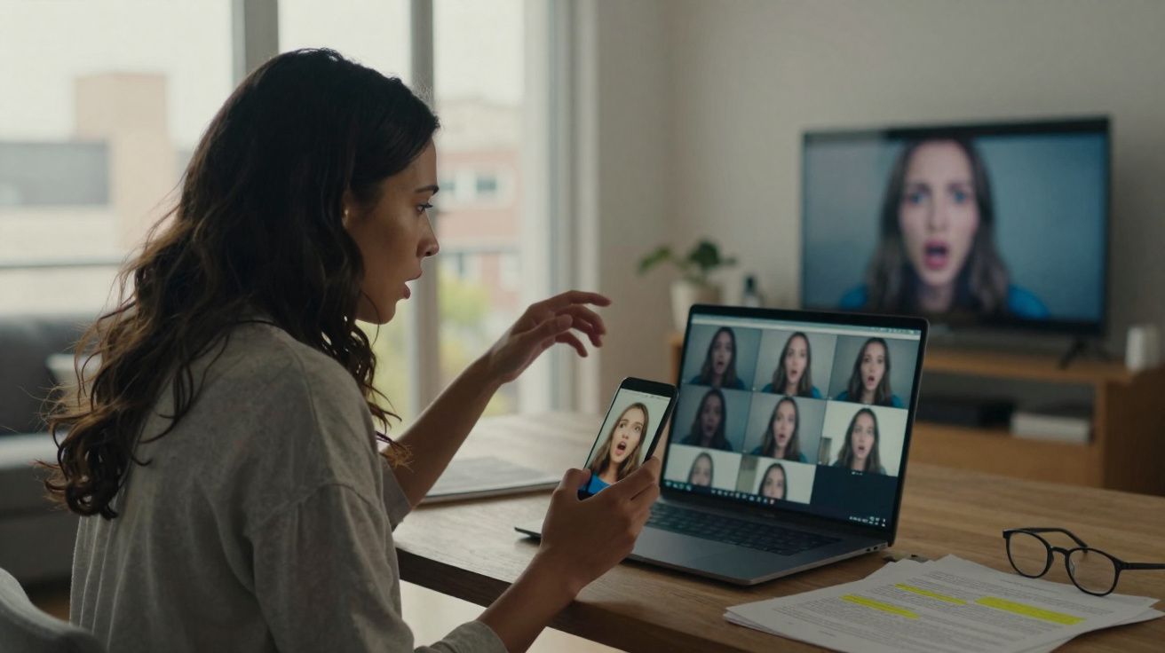 Mulher surpresa em chamada de vídeo no celular e laptop com múltiplas imagens dela mesma na tela.