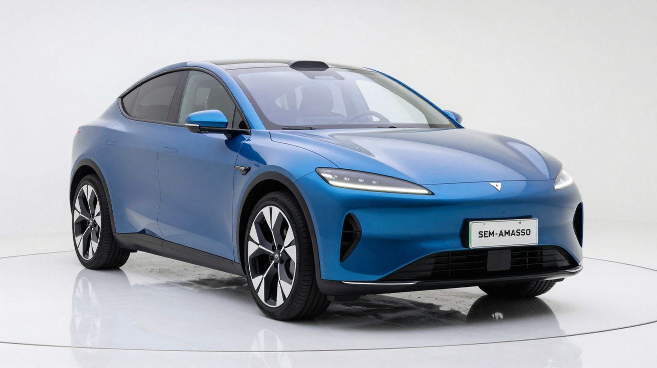 Carro elétrico azul metálico em estúdio com fundo branco, estilo moderno e aerodinâmico.