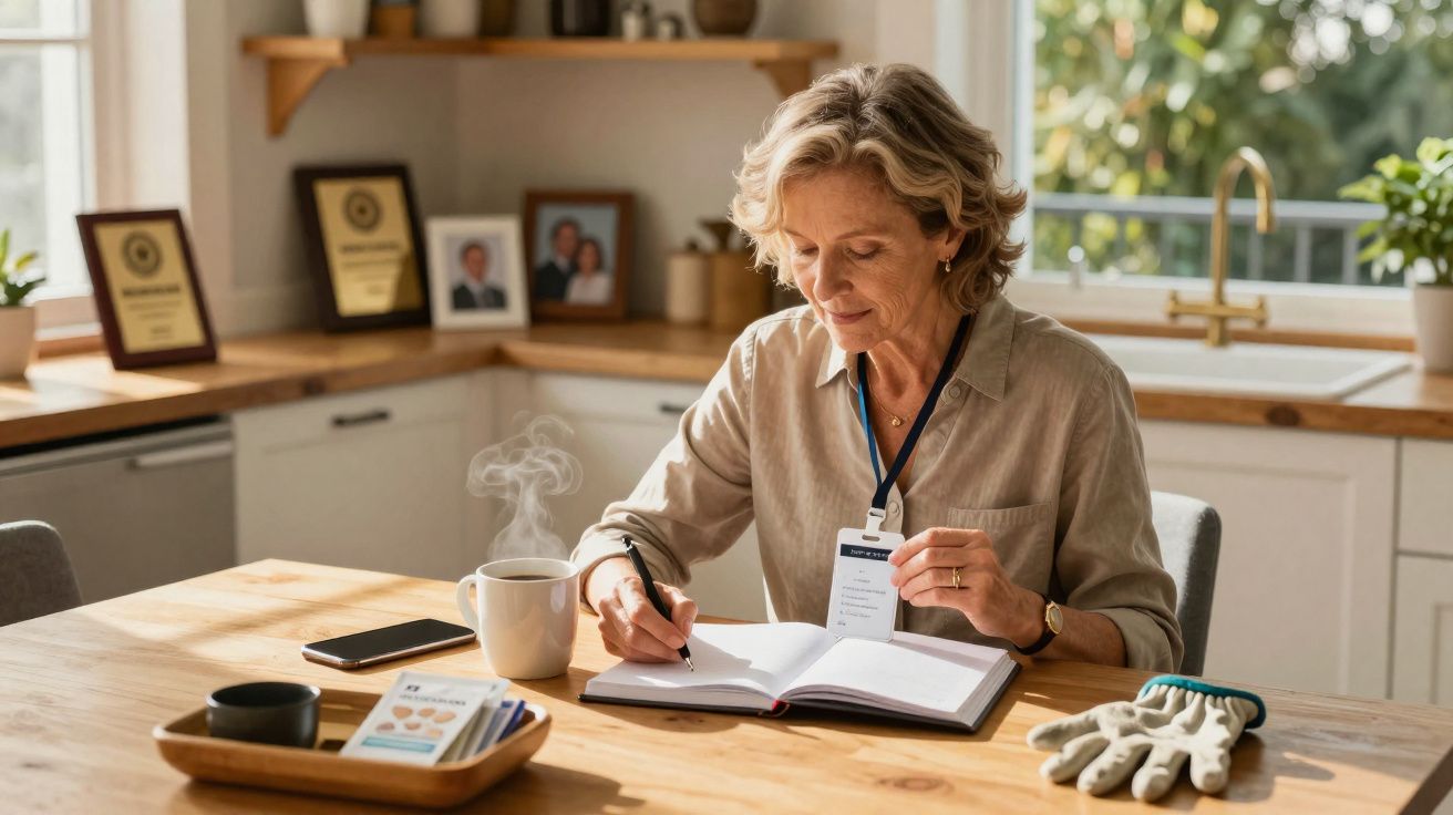 Mulher madura escrevendo em caderno na cozinha, com café quente e luvas de jardinagem sobre a mesa.
