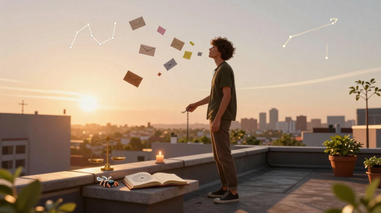 Pessoa em terraço ao pôr do sol, segurando correntes com envelopes flutuando e símbolos astrológicos no céu.