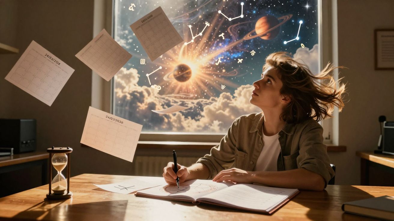 Pessoa escrevendo em caderno com calendários flutuantes e céu estrelado com planetas e constelações ao fundo.