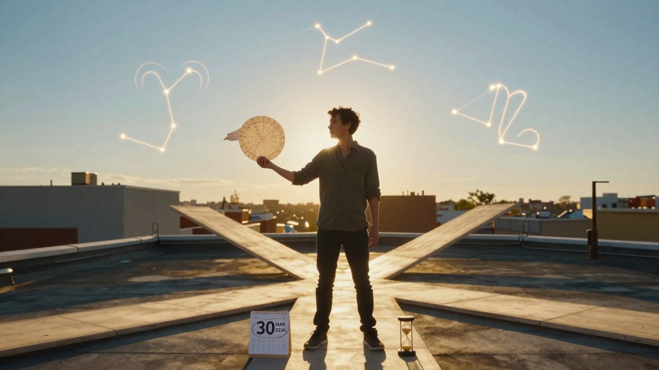Homem segurando astrolábio no telhado com constelações e calendário marcando 30 de março.