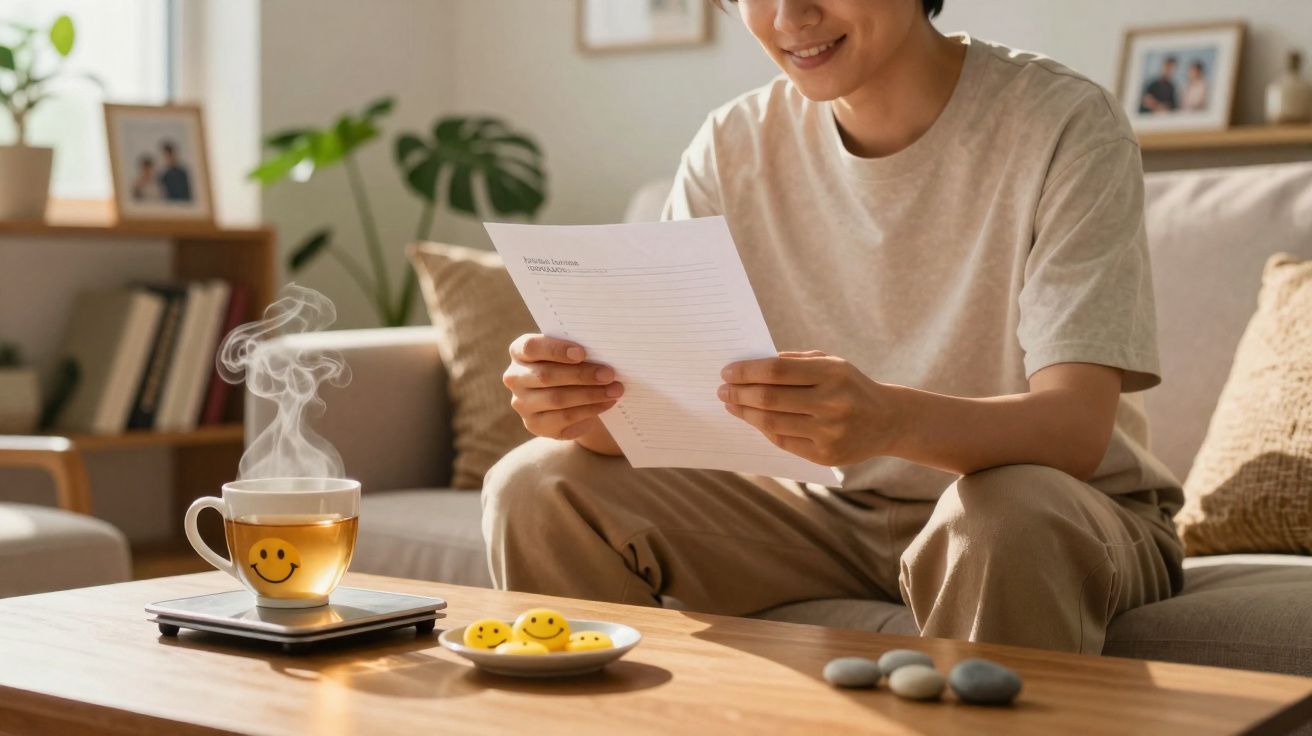 Pessoa sorridente lendo documento sentada no sofá, com chá quente e biscoitos sorridentes na mesa de madeira.