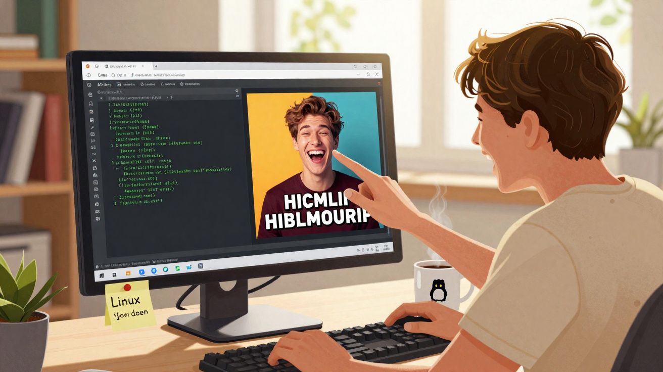 Pessoa jovem mexendo em código de computador em ambiente de trabalho com xícara e planta na mesa.