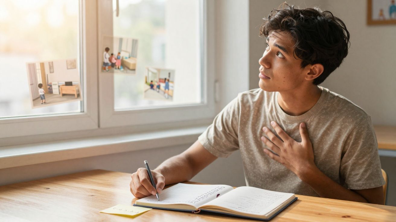 Jovem sentado à mesa escrevendo em caderno, olhando pensativo para fotos coladas na janela.