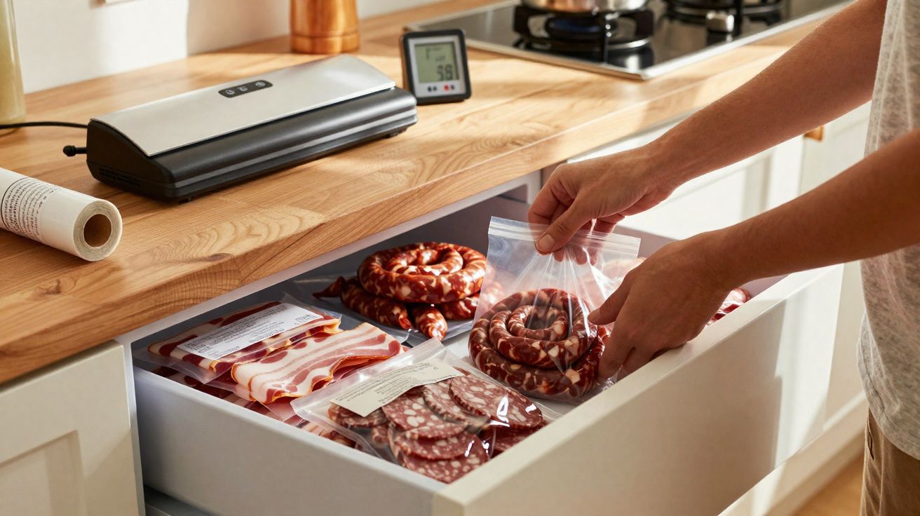 Pessoa organizando carnes embutidas em sacos plásticos dentro de gaveta na cozinha com seladora a vácuo ao fundo.