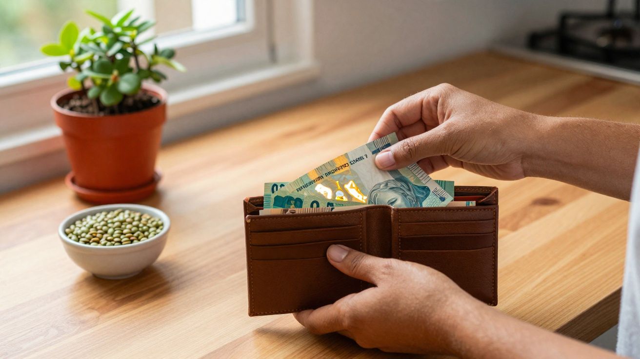 Pessoa segurando carteira de couro marrom com cédulas de real em mesa de madeira perto de janela.