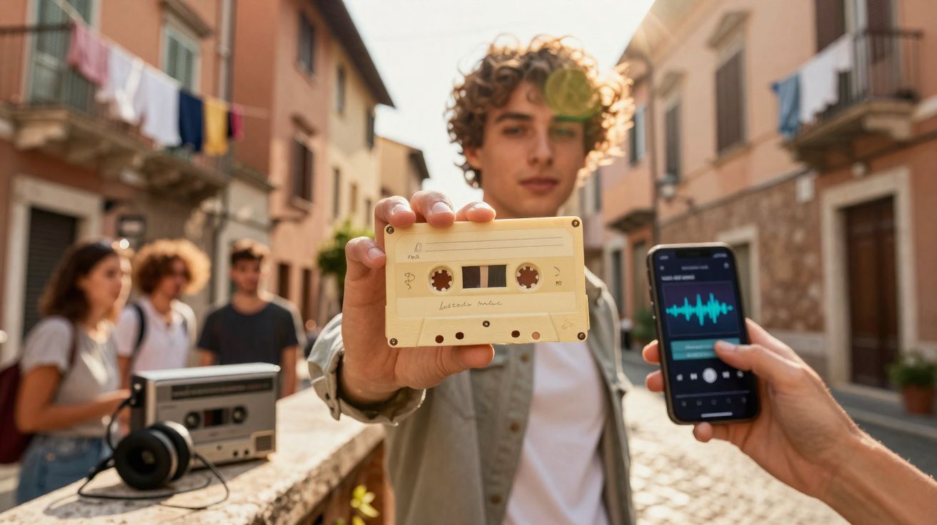 Jovem segurando uma fita cassete, com grupo ao fundo, celular e aparelho de som em rua de cidade.