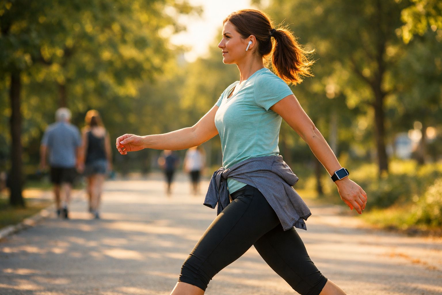Mulher ativa caminhando em parque ao ar livre ao entardecer usando roupas esportivas e fones de ouvido.