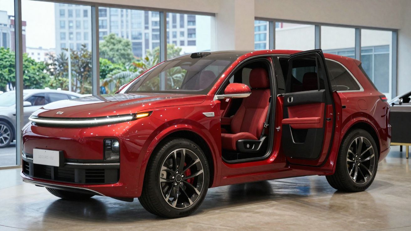 Carro SUV vermelho com portas dianteiras abertas exibindo interior e bancos na mesma cor em showroom.