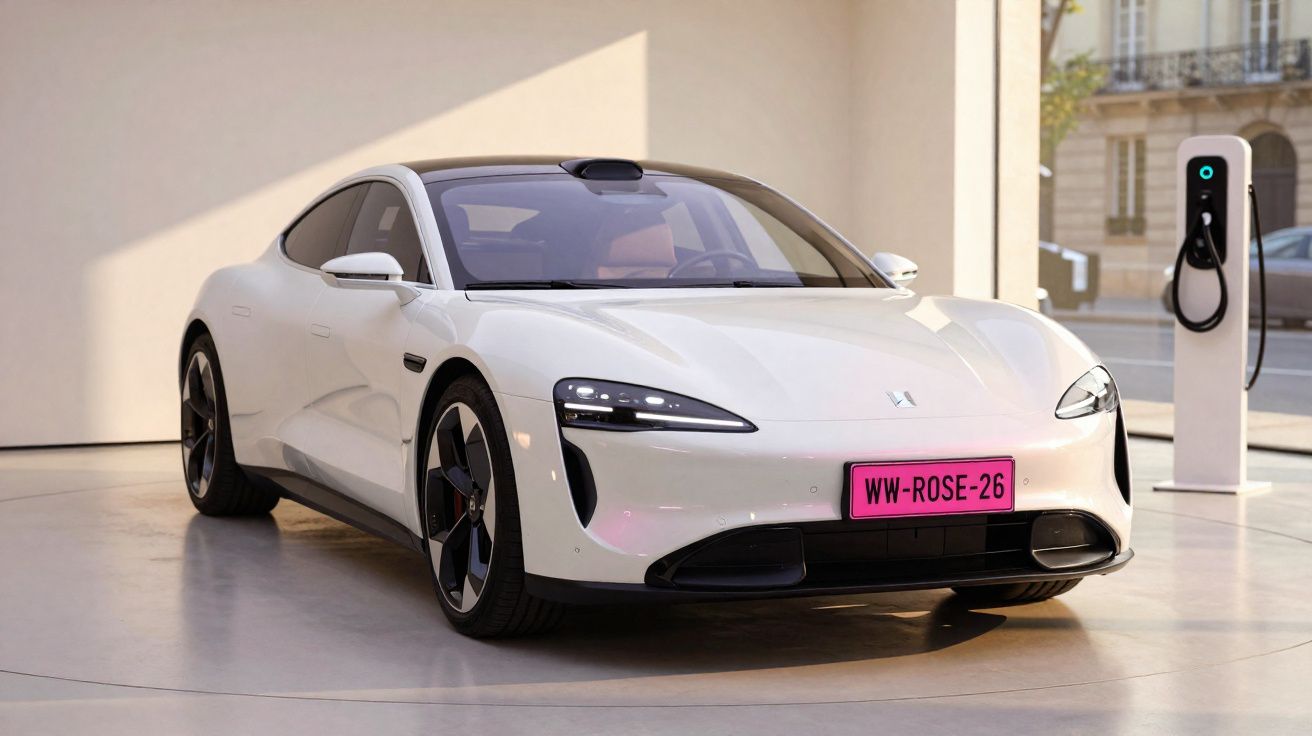 Carro elétrico branco de design moderno conectado em estação de recarga, com placa rosa WW-ROSE-26.