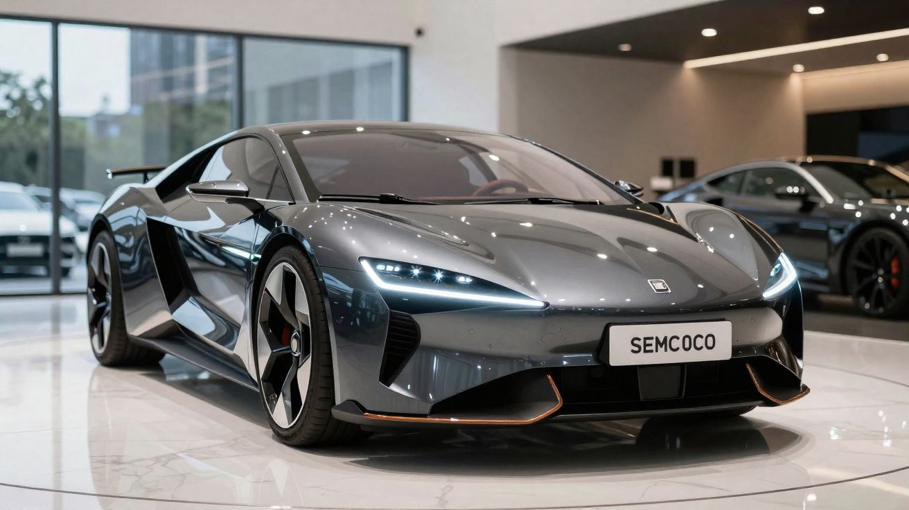 Carro esportivo cinza escuro com design aerodinâmico exibido em showroom moderno.