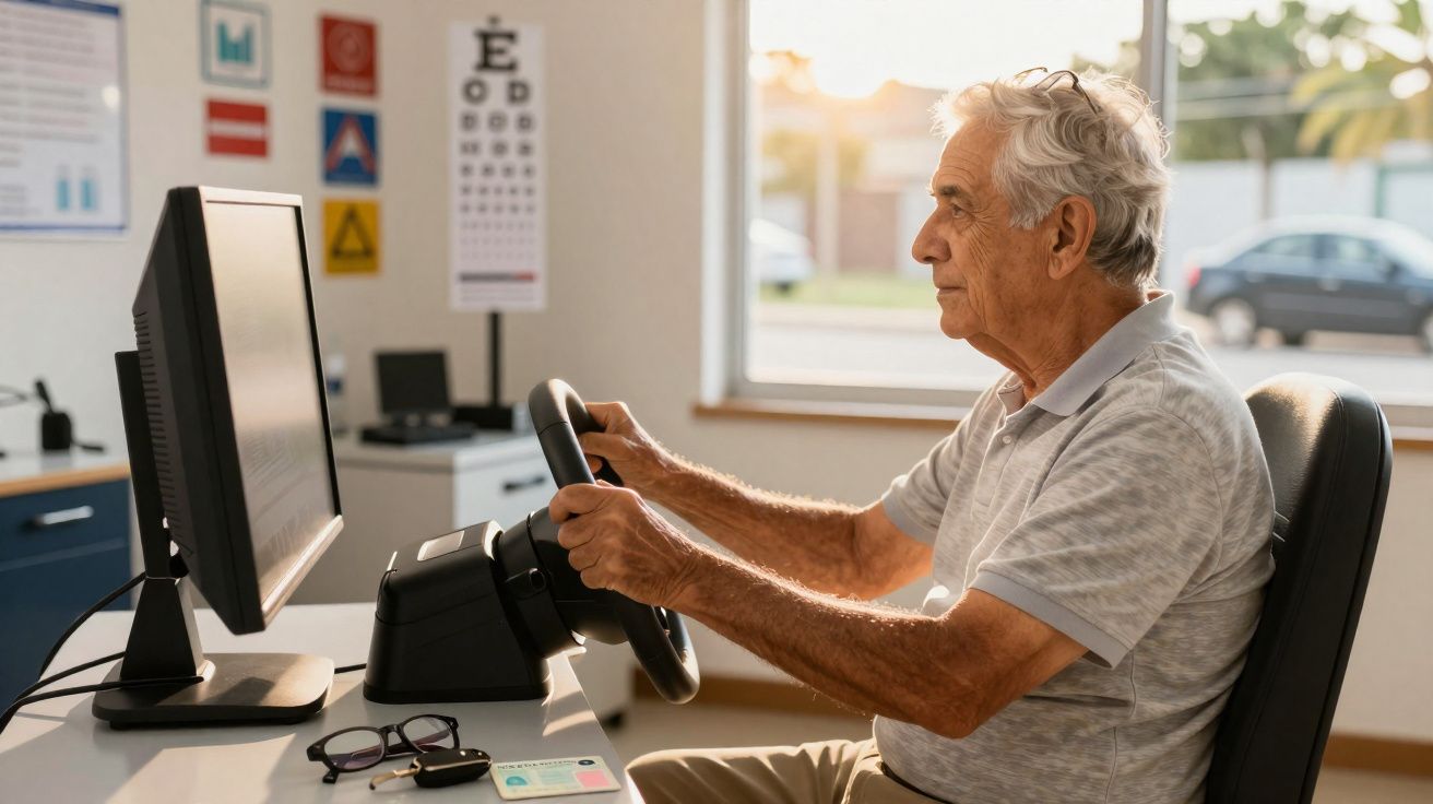 Homem idoso sentado em simulador de direção com volante, olhando para monitor em ambiente claro.