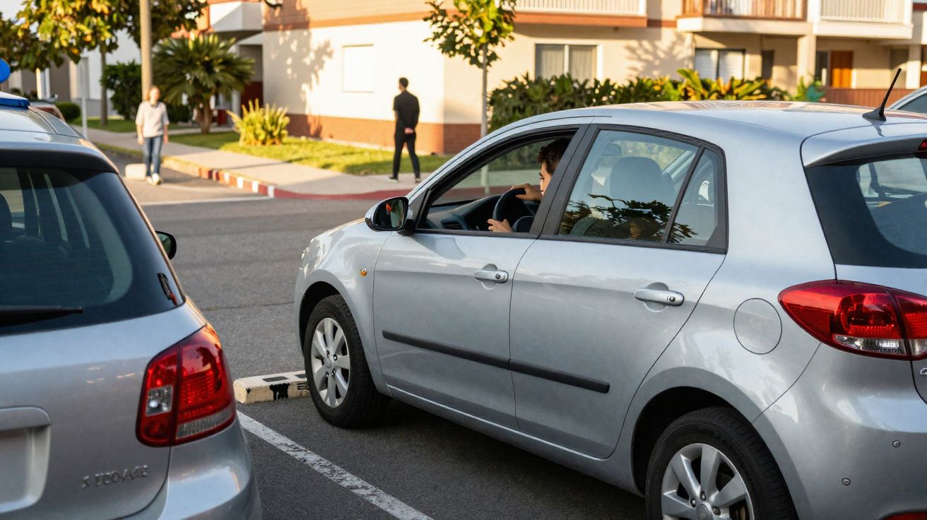Carro prata estacionado em vaga com motorista ao volante e pessoas caminhando ao fundo em área residencial.
