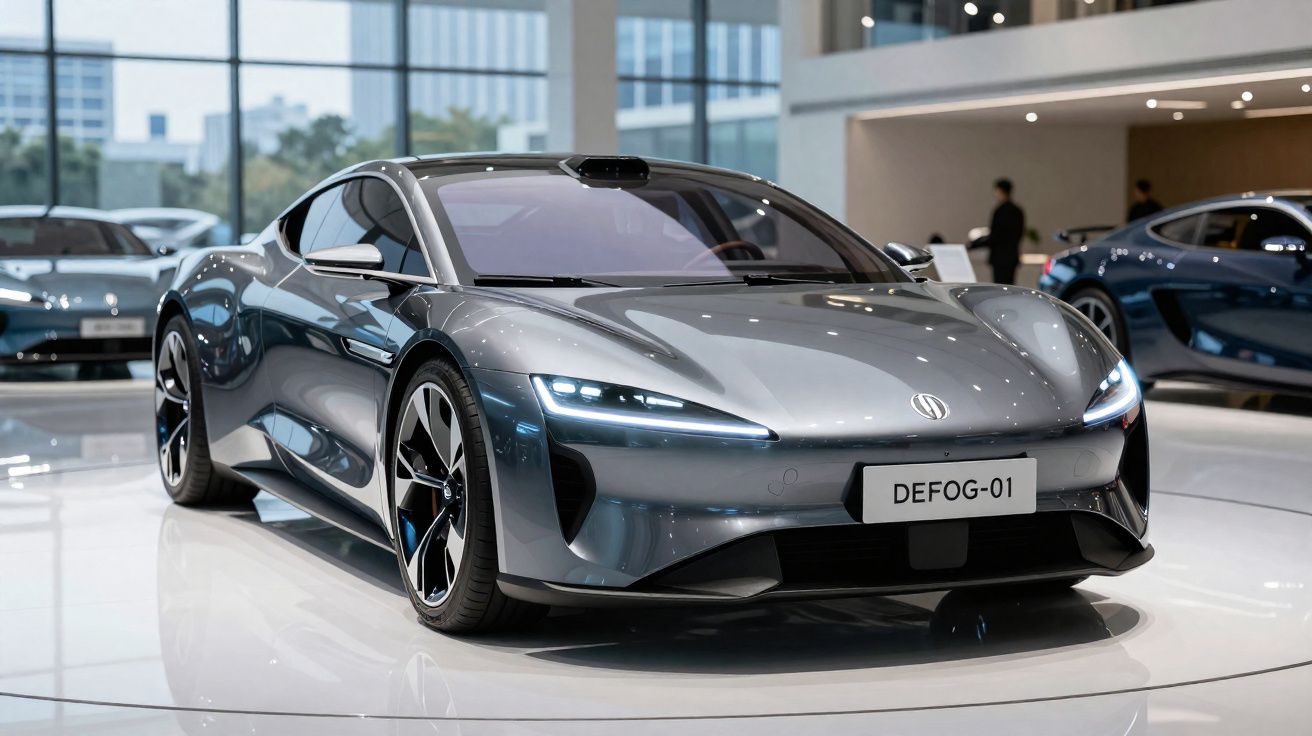 Carro esportivo elétrico cinza estacionado em uma exposição moderna com luzes acesas.