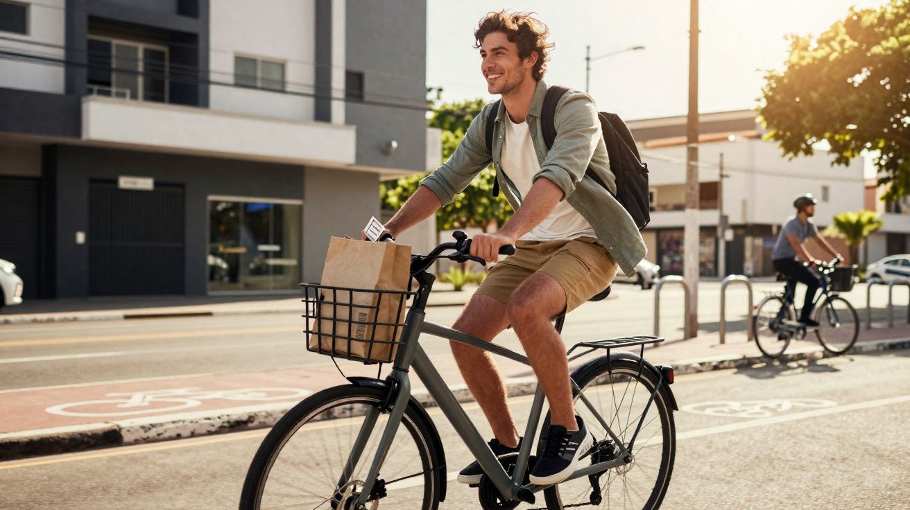 Homem sorridente andando de bicicleta com mochila e sacola em cesta, em ciclovia urbana ao entardecer.