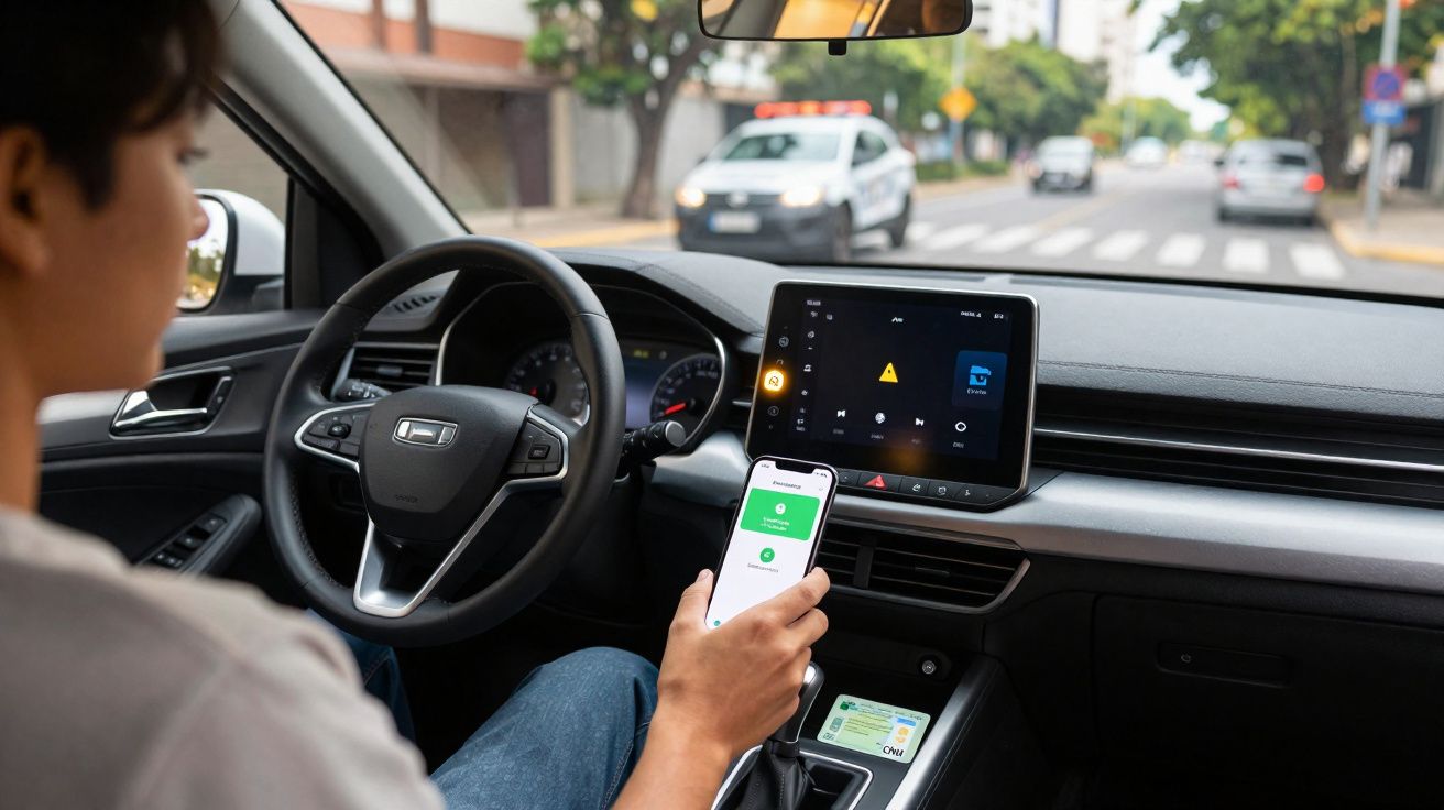 Pessoa dentro de carro usando celular para pagamento digital com painel do carro e rua ao fundo.