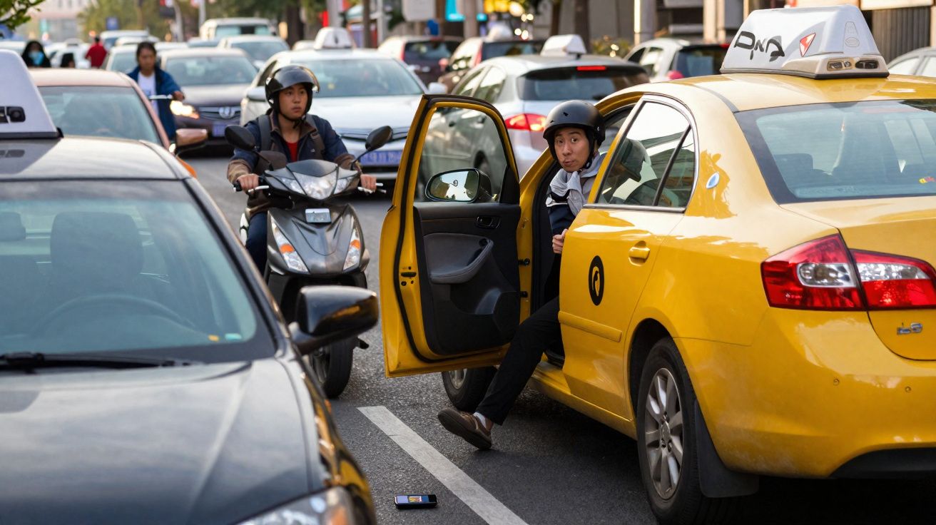 Homem saindo de táxi amarelo em rua movimentada com carros e motocicleta ao fundo.