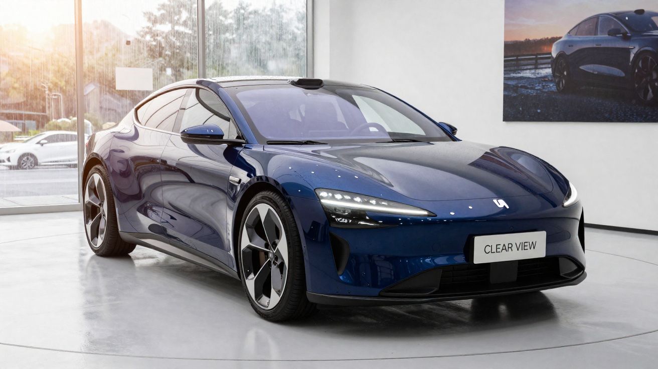 Carro elétrico azul escuro exibido em showroom moderno com iluminação natural e placa frontal "CLEAR VIEW"