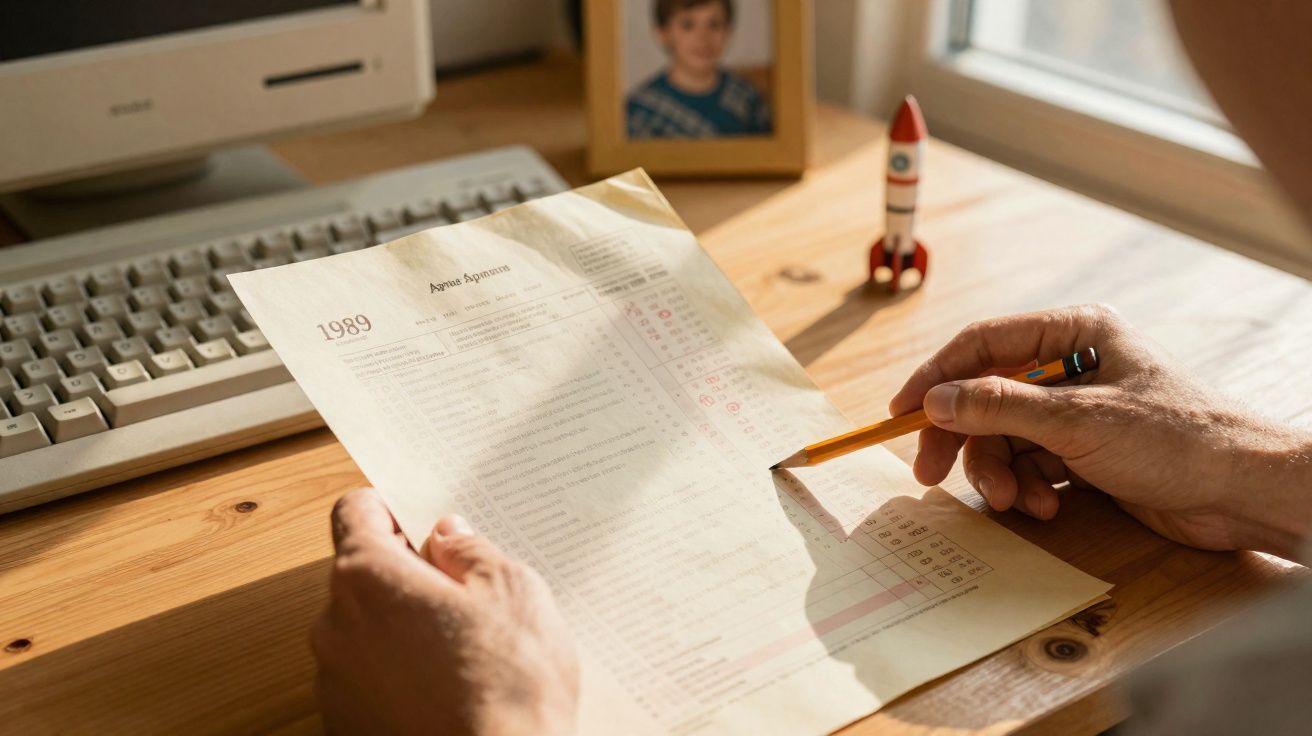 Pessoa segurando uma prova antiga de 1989, com lápis, perto de teclado e quadro com foto infantil.