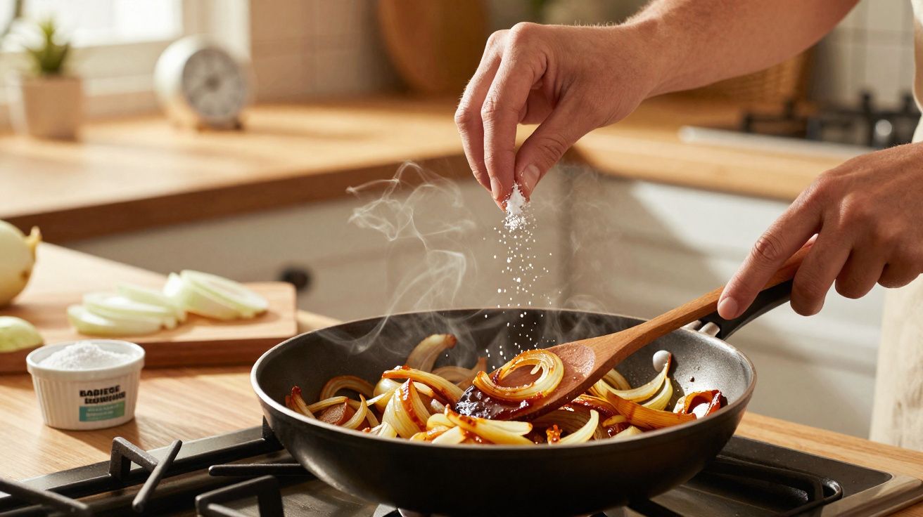 Mãos temperando cebolas cortadas sendo refogadas em frigideira no fogão em cozinha iluminada.