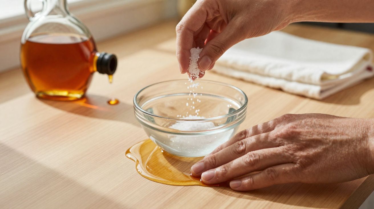 Pessoa adiciona sal grosso em tigela de vidro com melaço derramado sobre bancada de madeira.