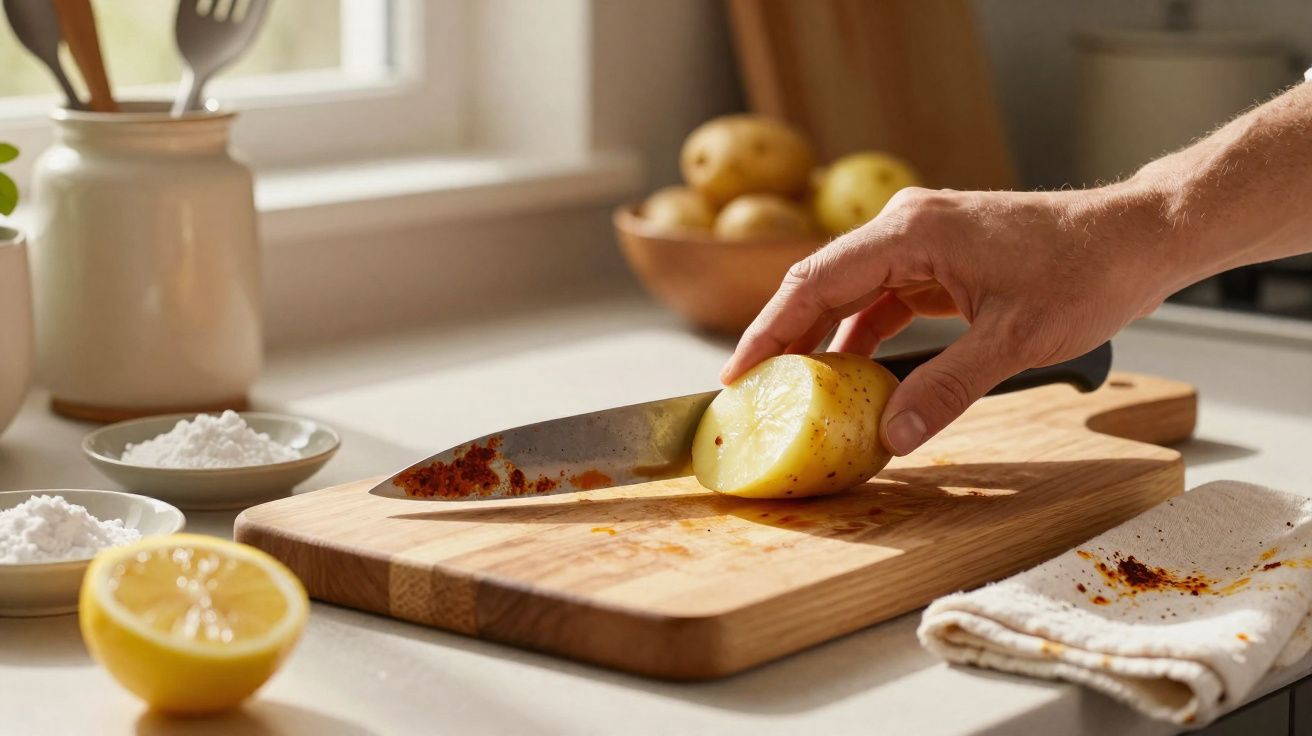 Mão segurando batata cortada ao meio sobre tábua de madeira com faca e ingredientes na bancada da cozinha.