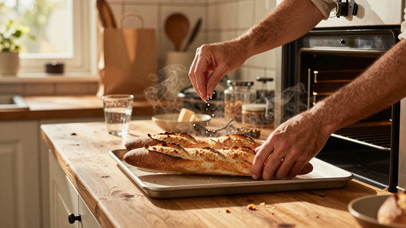 Pessoa salpicando sal em pão baguete quente recém-saído do forno em uma cozinha iluminada.
