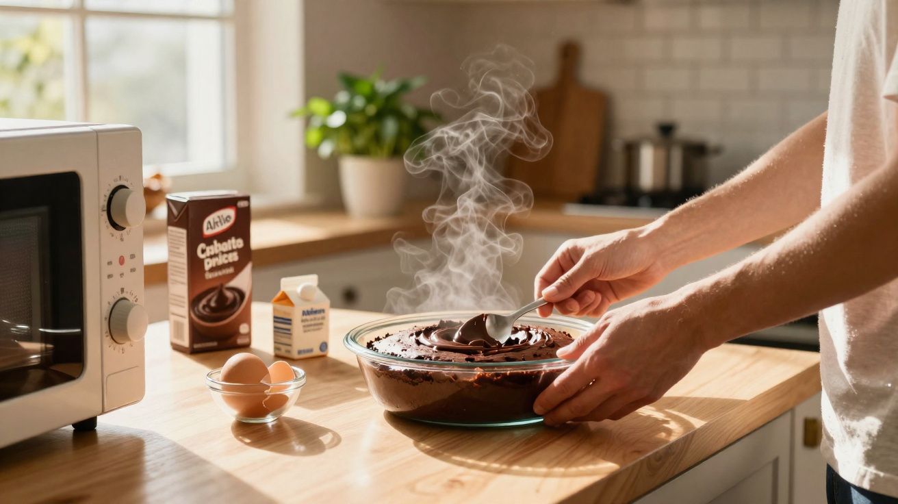 Pessoa mexendo bolo quente de chocolate recém-saído do forno em tigela de vidro na cozinha.