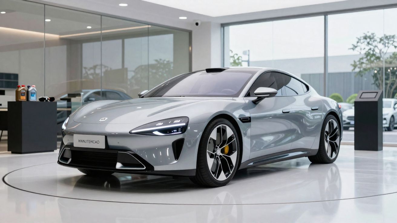 Carro esportivo elétrico cinza estacionado em showroom moderno e iluminado.