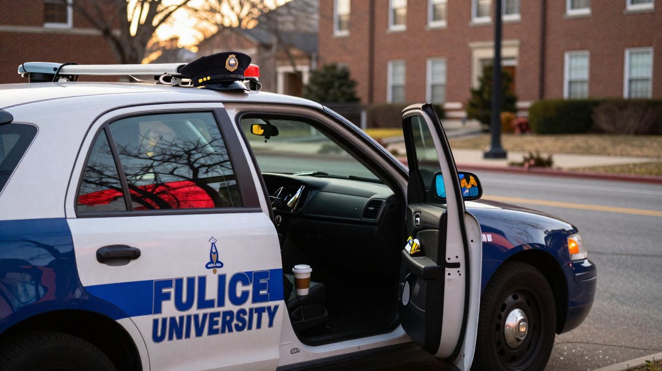 Carro da polícia universitária estacionado com a porta dianteira aberta e um copo de café no suporte.
