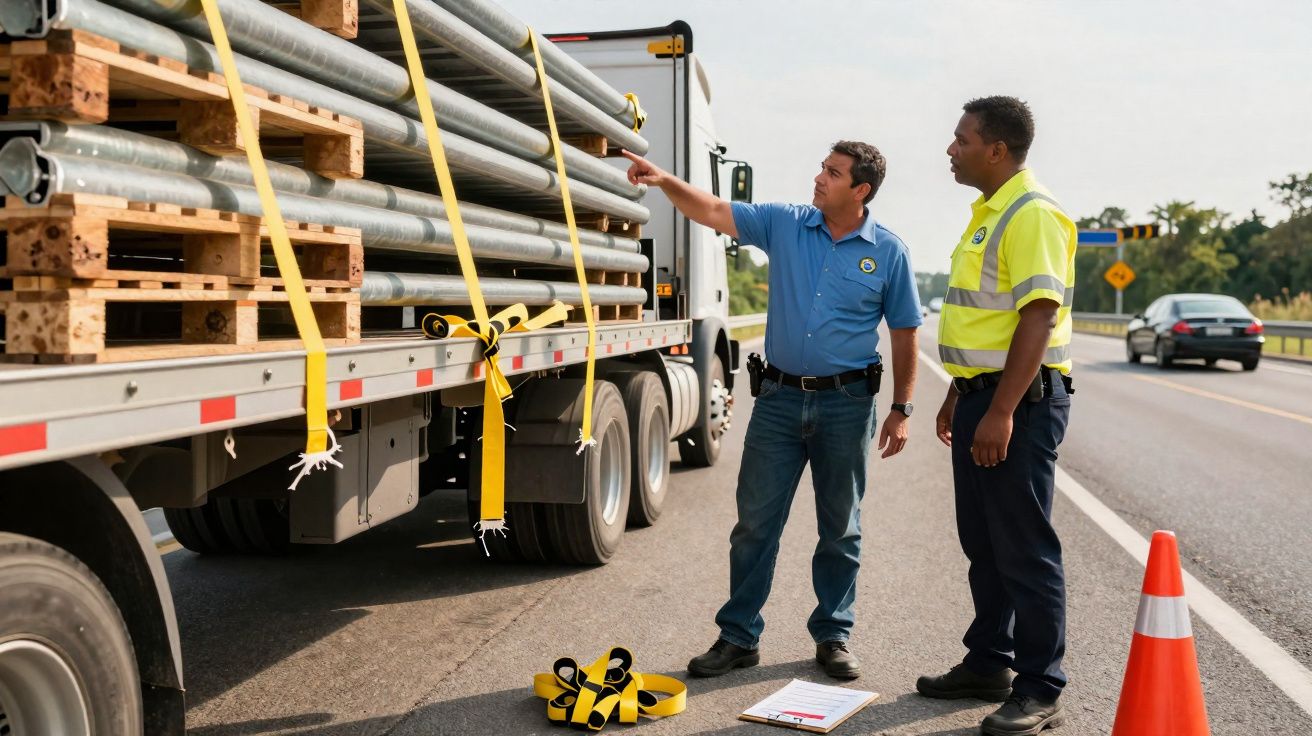 Dois homens inspecionam carga de tubos presos em caminhão na beira da estrada com cone de sinalização.