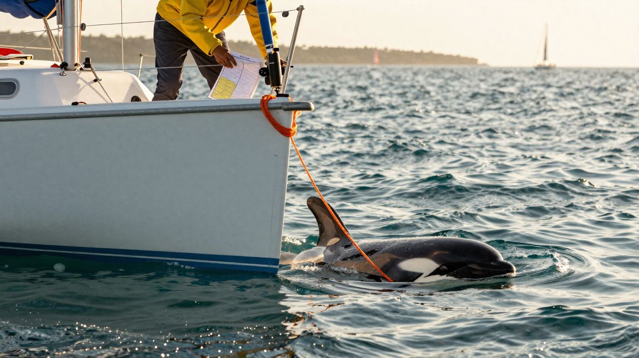 Pessoa medindo orca amarrada a corda ao lado de barco em mar calmo ao pôr do sol.