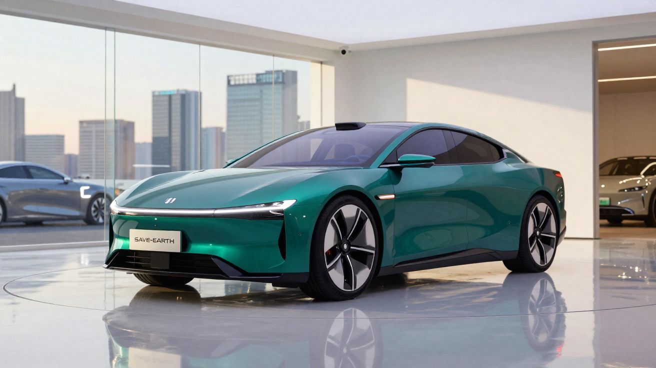 Carro elétrico esportivo verde em showroom moderno com prédios ao fundo, placa "SAVE EARTH".