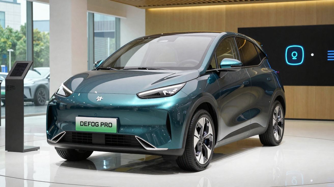 Carro elétrico azul metálico DEFOG PRO em exposição interna, com design moderno e aerodinâmico.