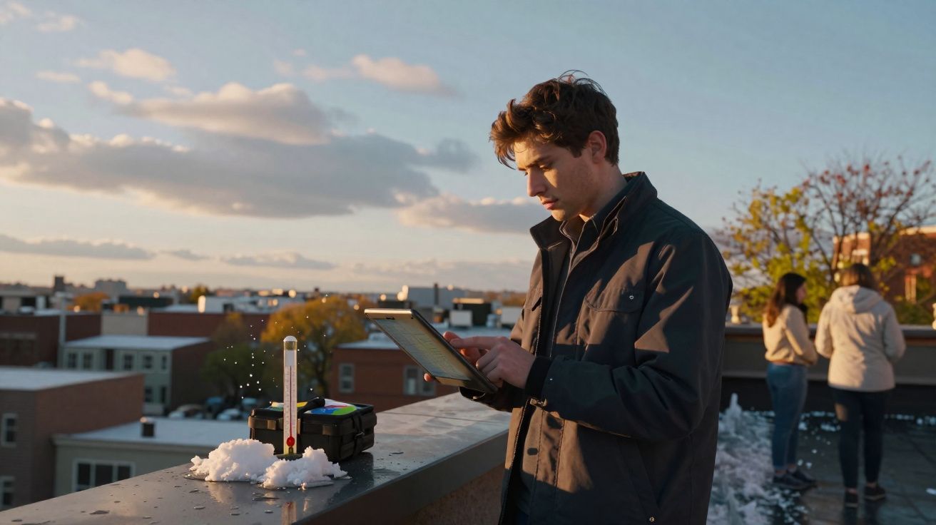 Homem com jaqueta escura usando tablet em cobertura de prédio ao pôr do sol, com duas pessoas ao fundo.