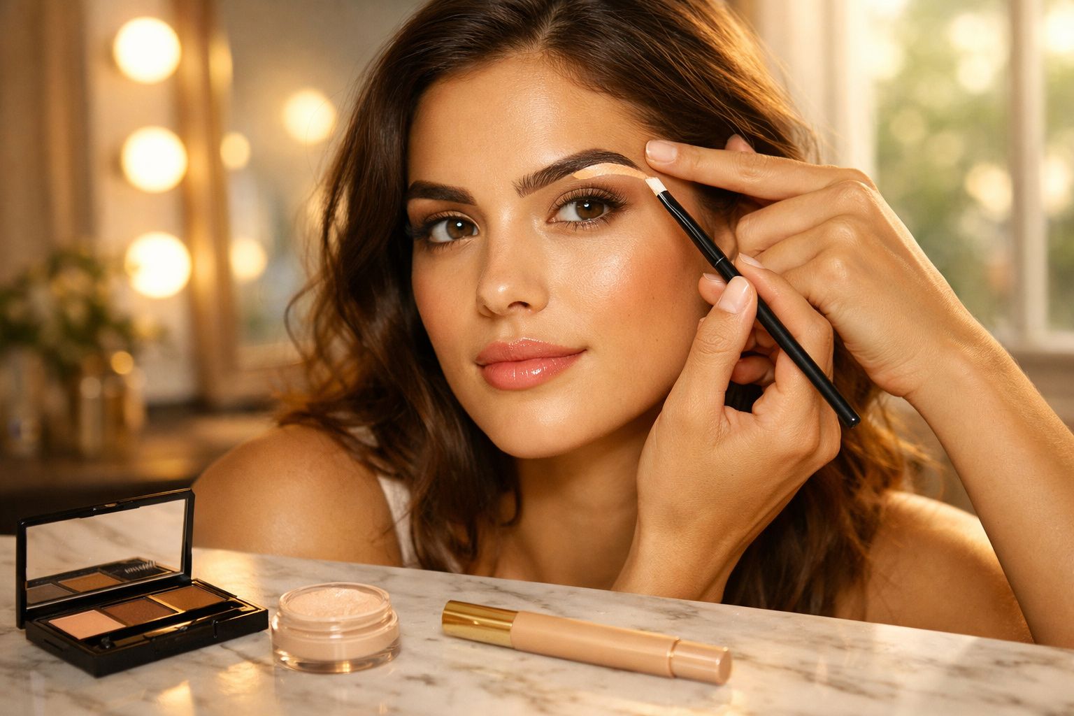 Mulher aplicando maquiagem nas sobrancelhas com pincel, ao lado de produtos de beleza sobre mesa.