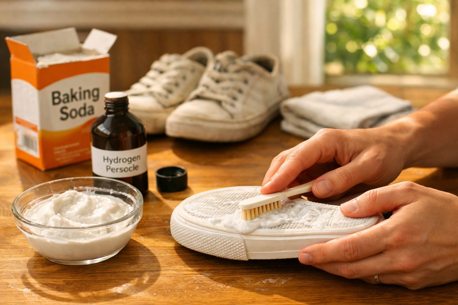 Mãos limpando tênis branco com escova, bicarbonato, peróxido de hidrogênio e mistura caseira na mesa.