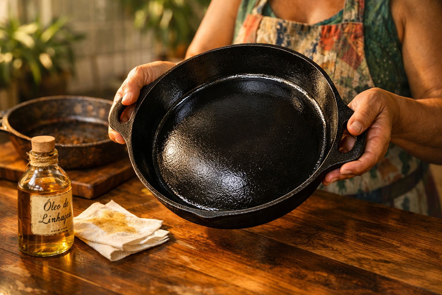 Pessoa segurando frigideira de ferro preta recém untada com óleo de linhaça sobre bancada de madeira.