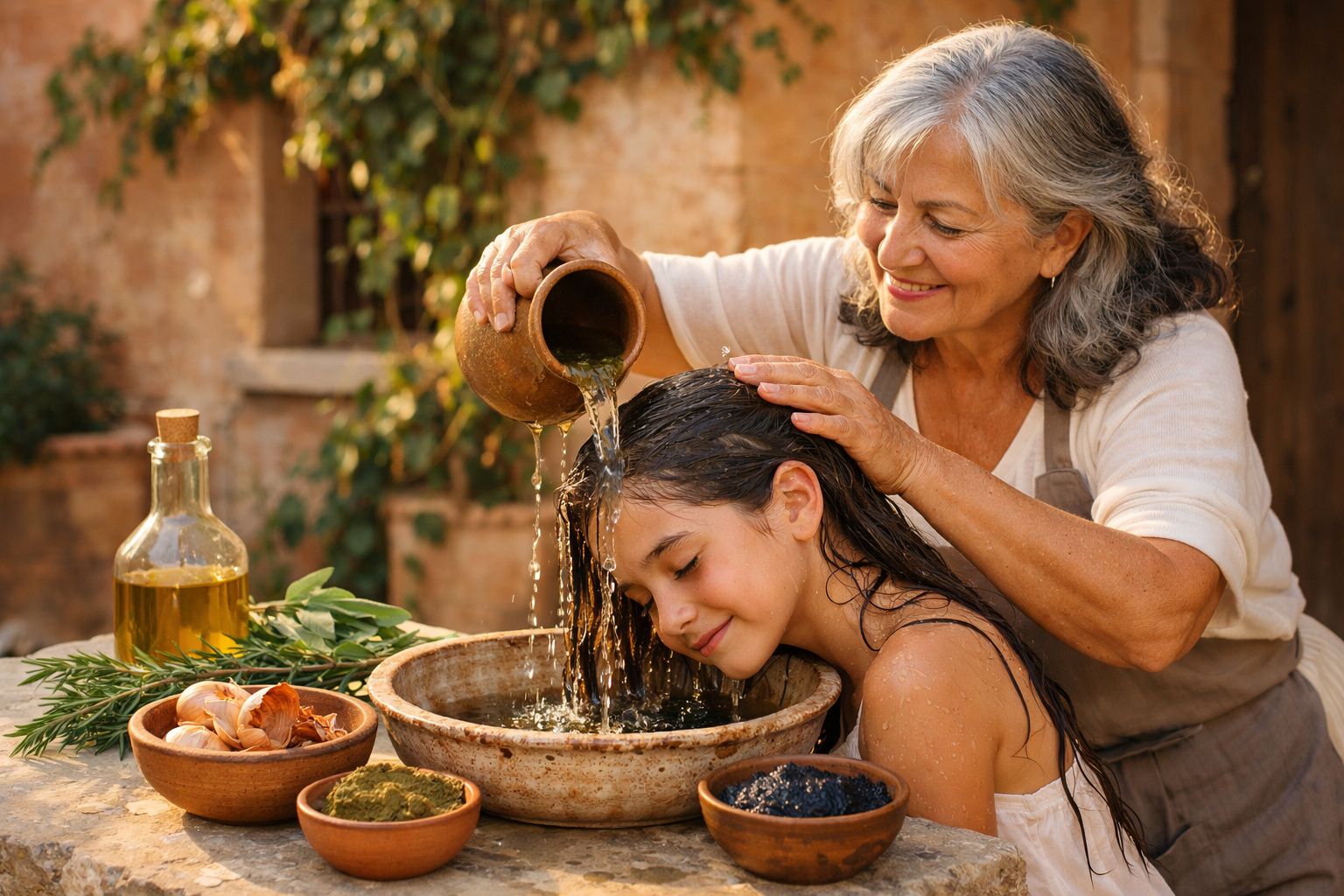 Mulher idosa derrama água no cabelo molhado de menina em ambiente rústico com plantas e potes.