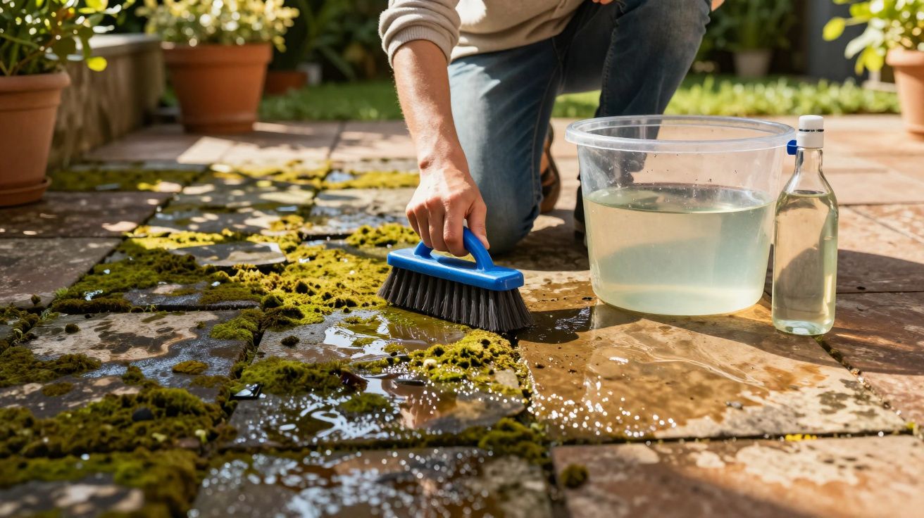 Pessoa limpando musgo do chão de pedra com escova, balde com água e frasco de vidro ao lado.