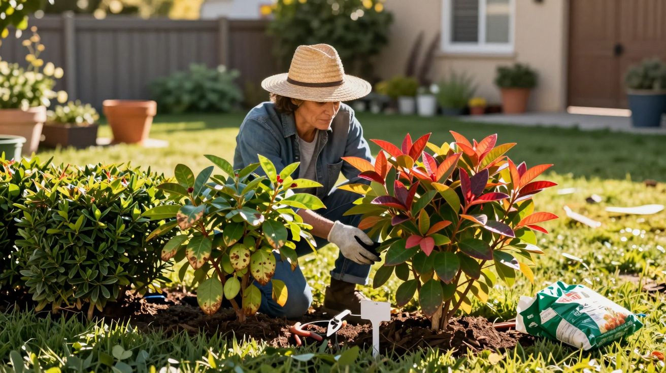Pessoa com chapéu cuidando de plantas em jardim residencial ensolarado durante o dia.