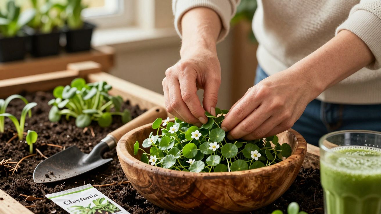 Pessoa colhendo folhas verdes com flores brancas em tigela de madeira, perto de jarra de suco verde.