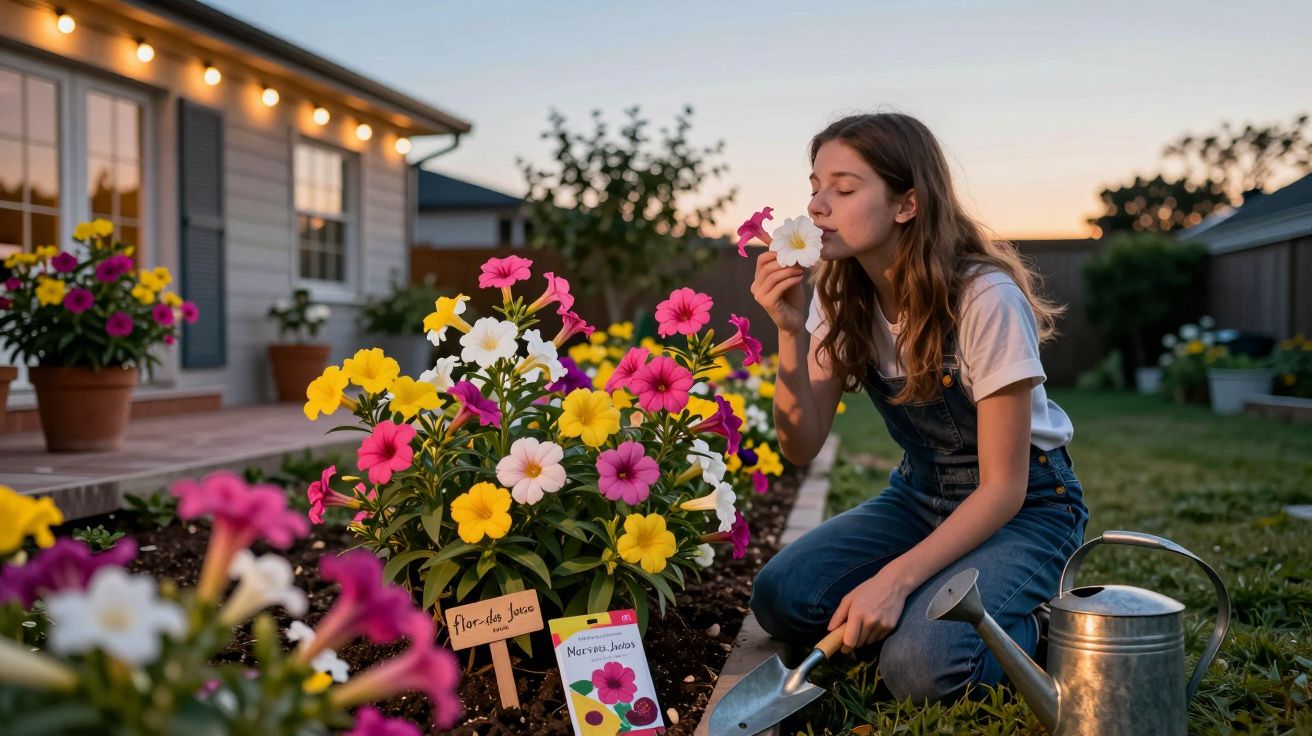 Garota cheirando flor em jardim de flores coloridas ao entardecer, com regador e enxadinha.