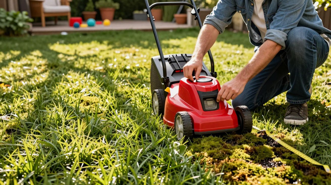 Pessoa ajustando cortador de grama vermelho em jardim com grama alta e musgo.
