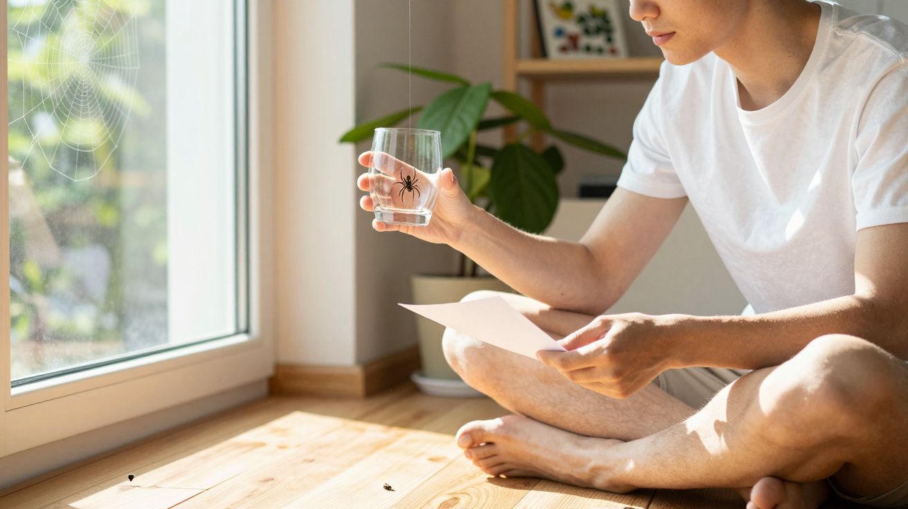 Pessoa sentada no chão segurando um copo com uma aranha dentro, olhando para um papel.