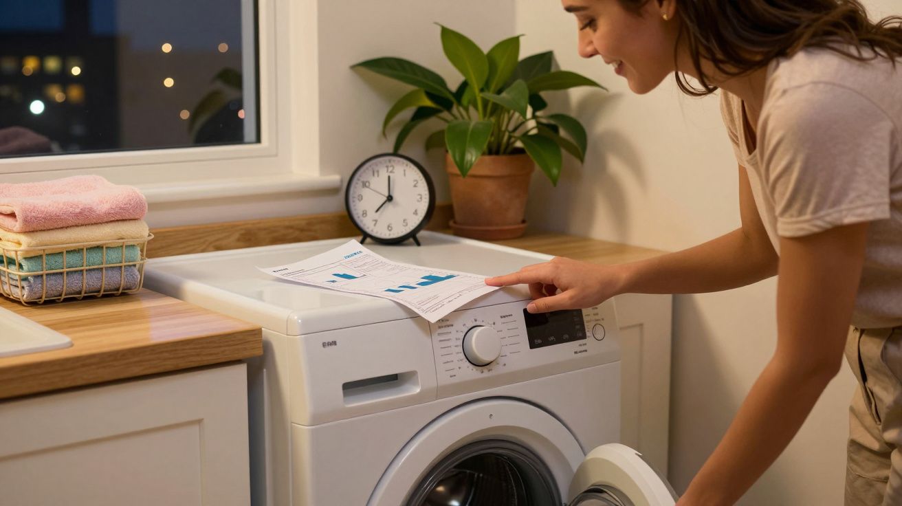 Mulher colocando roupas na máquina de lavar em lavanderia com relógio e plantas ao fundo.
