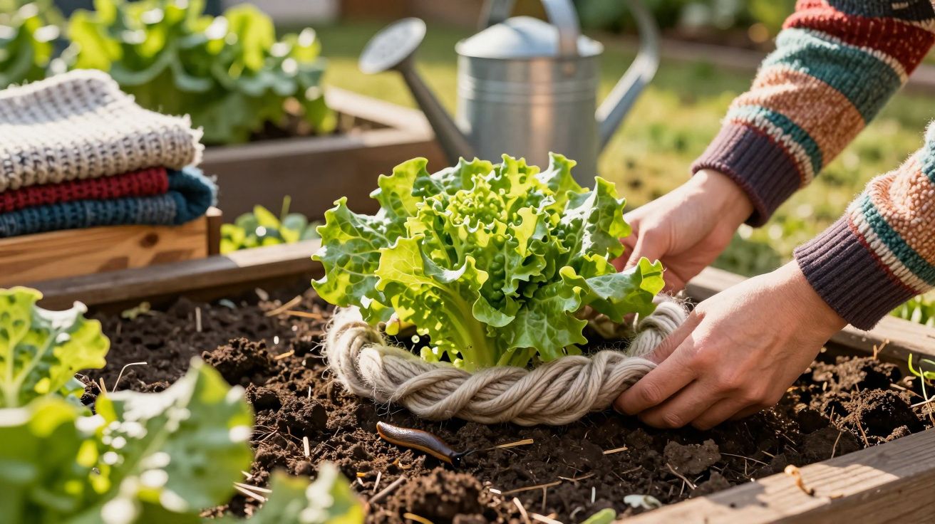 Mãos cuidando de alface em canteiro de terra com regador e roupas dobradas ao fundo.